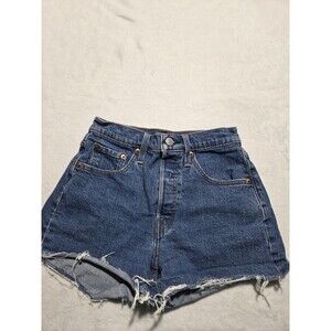 Levis 501 Shorts Womens Size 24 Waist Blue Denim  Button Fly Cotton Raw Hem